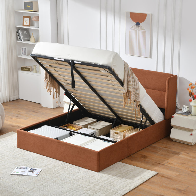 Lit plateforme tapissier avec rangement Gaillarde, Grand, Caramel