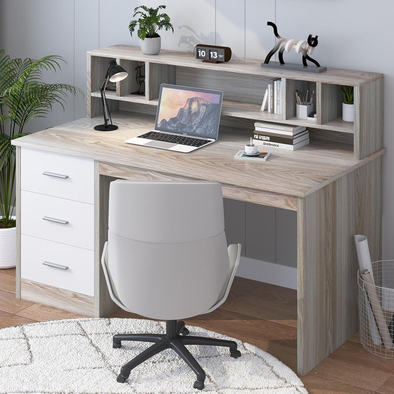 Bureau d'ordinateur avec huche, Gris / blanc