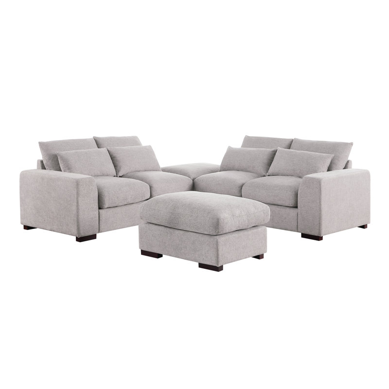 Canapé modulaire en lin avec 2 repose-pieds, Gris clair