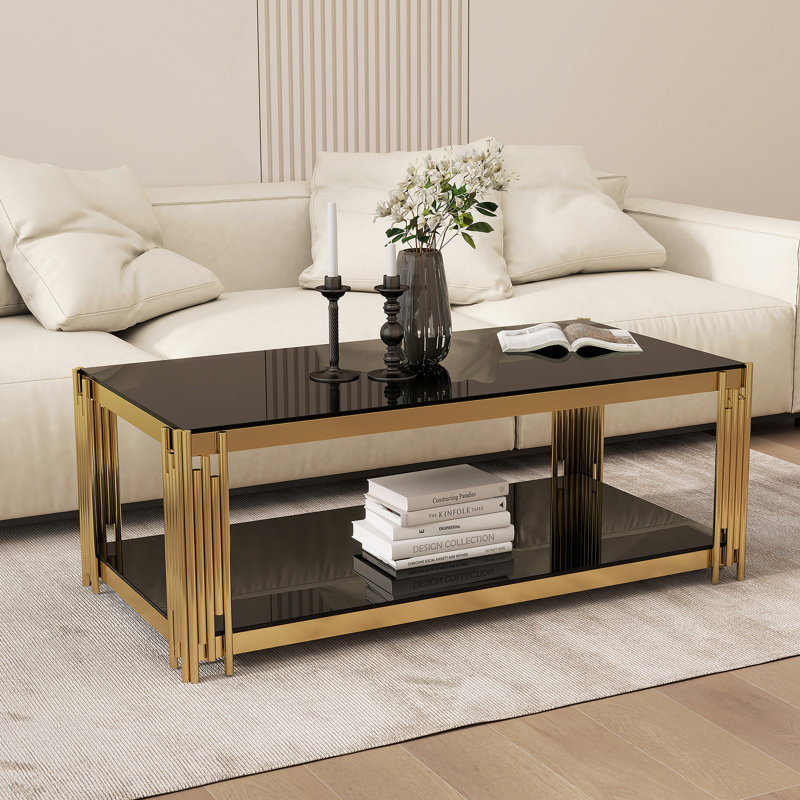 Table basse rectangulaire, table de salon moderne avec plateau en verre trempé et pieds en acier inoxydable