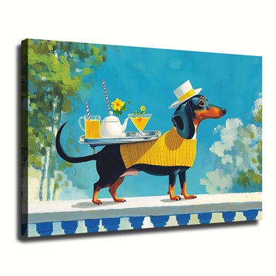 Dachshund Dog In Yellow Sweater Holding Drink Tray Whimsical Painting, Large Gallery Wrapped Canvas Wall Art Print For Living Room Bedroom