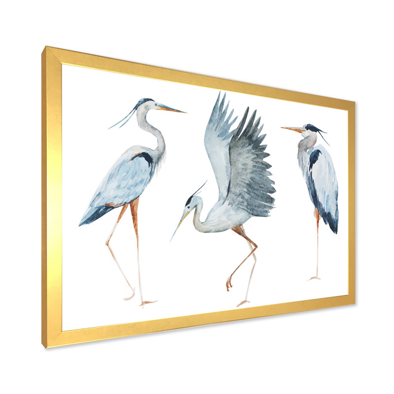 Heron oiseaux II - peinture sur toile encadrée, H 12 po x l 20 po x p 1 po, Encadrement doré