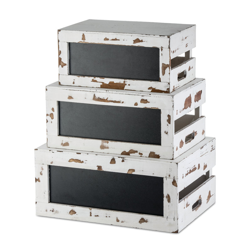 TableCraft Rustic Distressed White Wood Crates with Chalkboard Panels, Set of 3