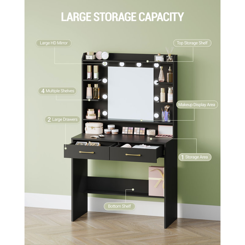 Dressing Table with Mirror and Led Light, Vanity Desk with Adjustable Brightness, Vanity Table with Shelves and 2 Drawers, for Bedroom, Living Room, 40 x 80 x 149 cm 
