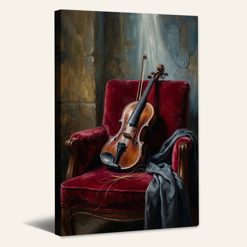 Reproduction d'art en bois sur un fauteuil en velours rouge, H 18 po x l 12 po