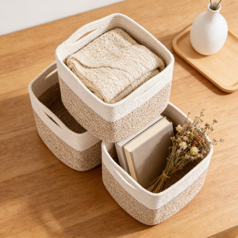 Woven Cotton Rope Storage Bins, 13 Inch Cube Organizer Baskets For Shelves, Closet, Toys, Books And Home Decor, Foldable And Washable (Pack Of 3)