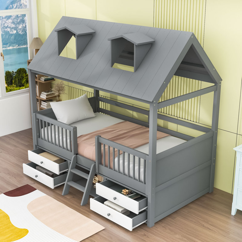 Lit en bois avec lanterneaux et tiroirs, Gris, Simple