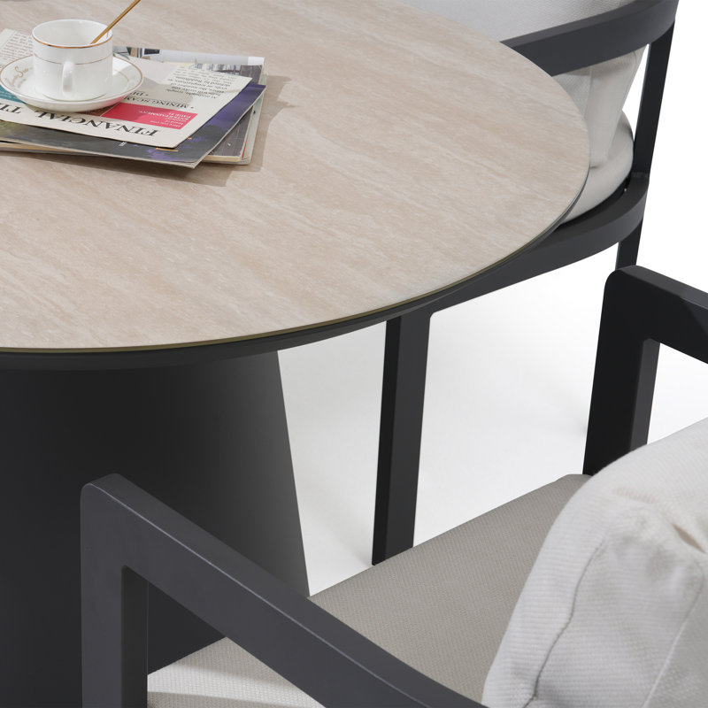 Ensemble repas d'extérieur 7 pièces avec coussins 7 pièces, Coussin blanc / chêne clair / structure noire