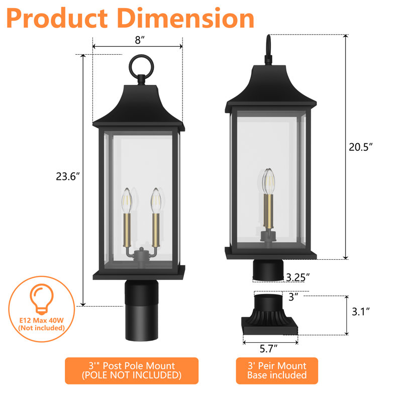Alletta 23.6''H  Black and Gold Iron Outdoor Post Light with Clear Tempered Glass, Matte Black/Gold