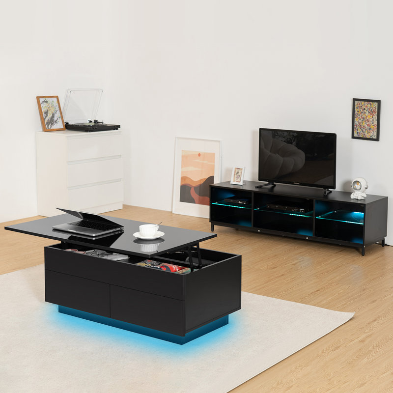 Black Rectangular Wood Lift-Top Coffee Table with Storage and LED Lights