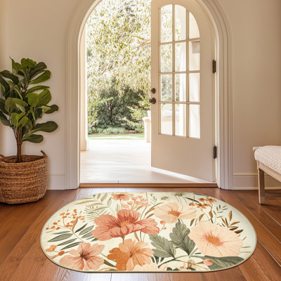Tapis ovale à motifs floraux, lavable et antidérapant, pour entrée, cuisine, buanderie, chambre à coucher