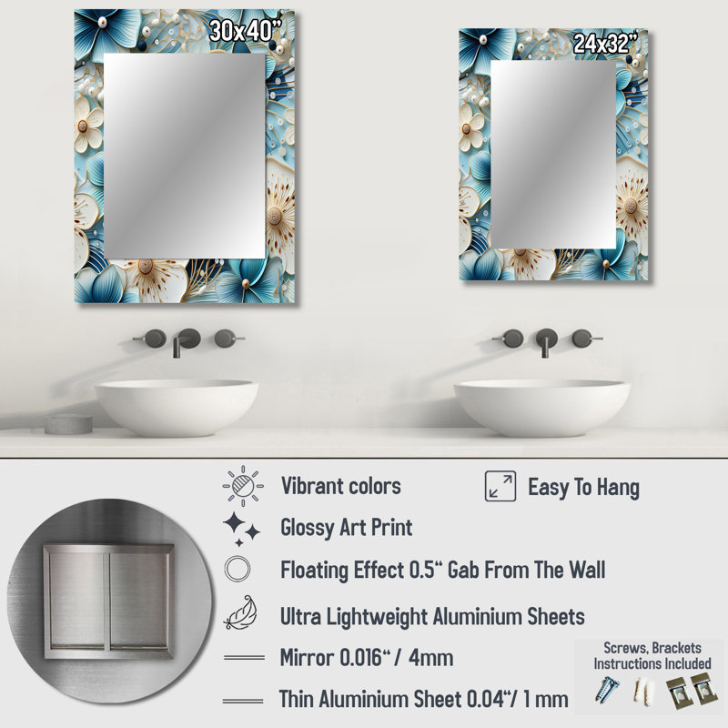 Fleurs bleues et blanches Argeniz Simplicity - miroir floral, miroir mural décoratif de campagne, impression d'art en métal