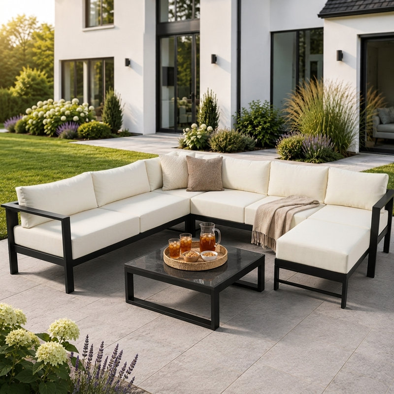 114" Wide Outdoor U-Shaped Sectional With 6" Thick Cushions, Modern Patio Conversation Set With Iron Frame, Seats 6, Beige
