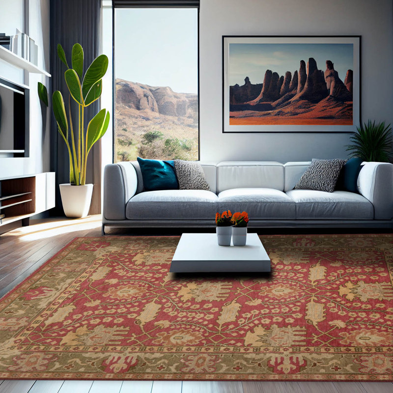 Tapis oriental oriental en laine noué à la main framboise / sauge / pêche 8 pi x 10 pi