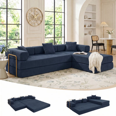 Boneless 108" Corduroy Convertible Floor Sofa Bed, Oversized  Modular Sectional Couch with Chaise & Pillows, No Assembly Required, Compression Lazy Upholstered Futon Couches for Living Room, Apartment