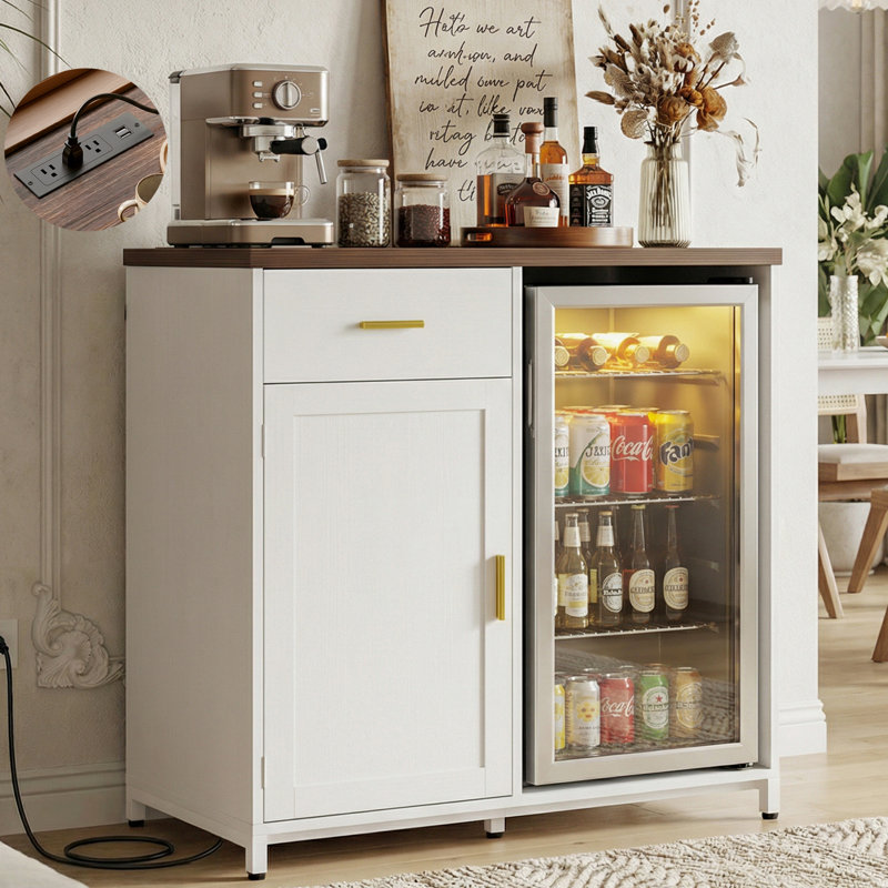 Armoire à café de 40 po de largeur avec mini espace réfrigérateur et mini support armoire avec prise de courant, Blanc