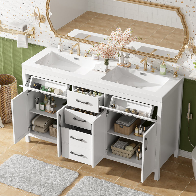 Meuble-lavabo double autoportant de 60 po avec structure en bois massif, deux lavabos SMC, 2 tiroirs rabattables, des organisateurs divisés et des tablettes réglables en forme de U