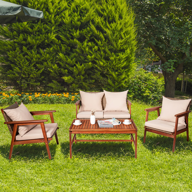 Dameika Acacia Wood 4 - Person Patio Conversation Set with Cushions, Natural, Brown
