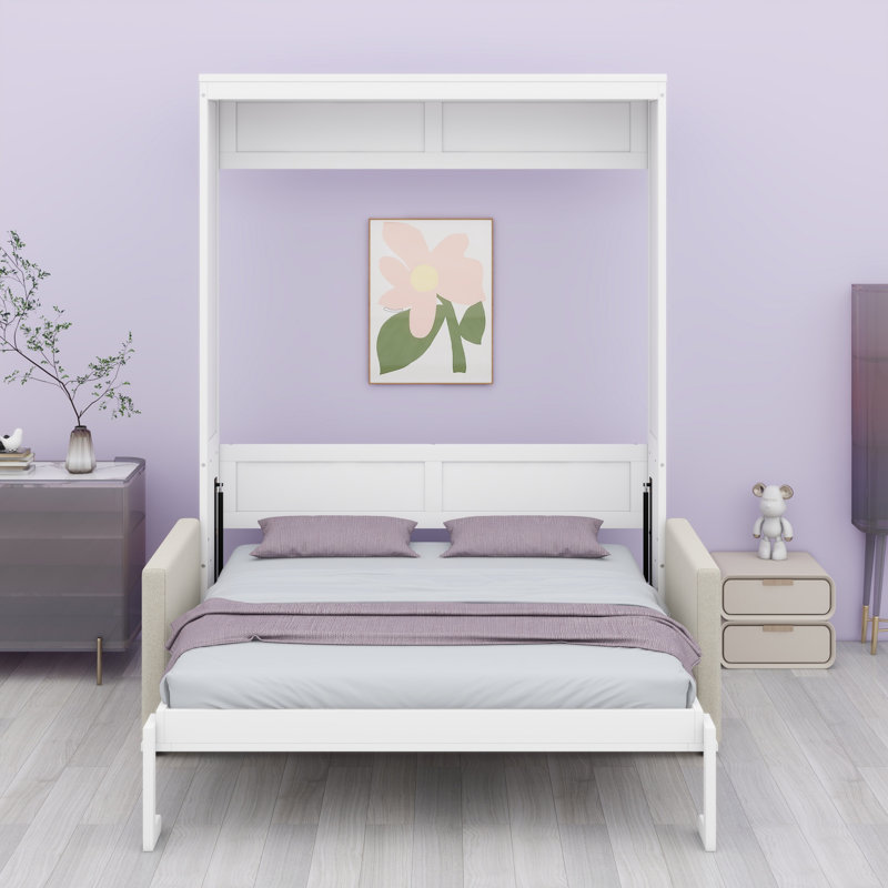 Lit escamotable mural Murphy avec coussin, Lit double, Blanc