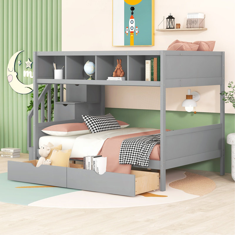 Lit simple superposé au dessus d'un lit double avec tablettes, escalier de rangement et 2 tiroirs, gris