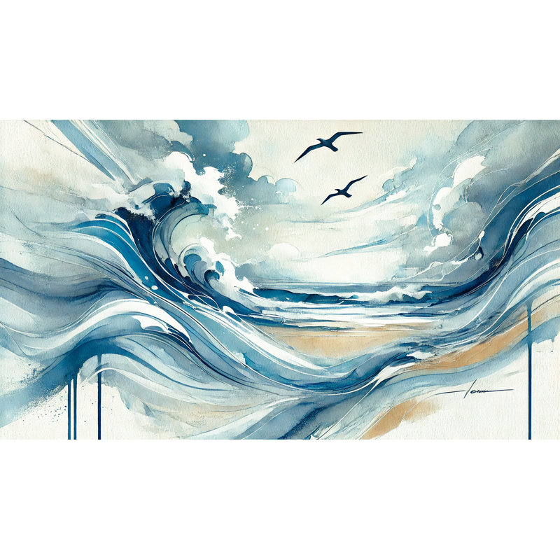 Reproduction d'art sur toile bordée de courants côtiers et de mouettes, H 20 po x l 35 po