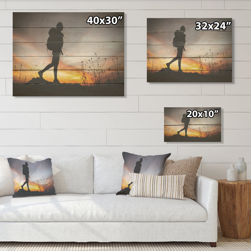 Randonnée pédestre vue de dessus de montagne - Art mural en bois sur bois de pin naturel, H 30 po x l 40 po