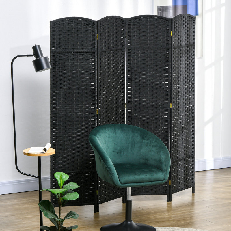 Paravent 4 panneaux de 5,6 pi de hauteur Noir avec style tissé à la main avant-gardiste et plateau arqué gracieux pour la maison. Chambre polyvalente, bureau. Structure en bois, sangles en polypropylène.