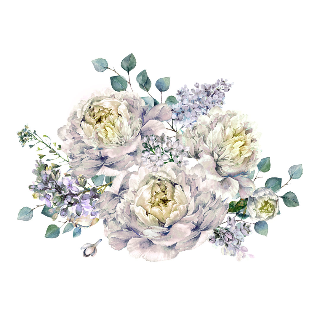 Leinwandbild White Peonies and Lilac Bouquet