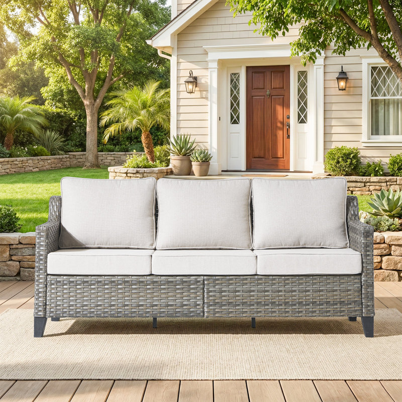 Canapé d'extérieur en osier gris, canapé de patio 3 places avec sièges profonds et coussins pour balcon de terrasse, Beige