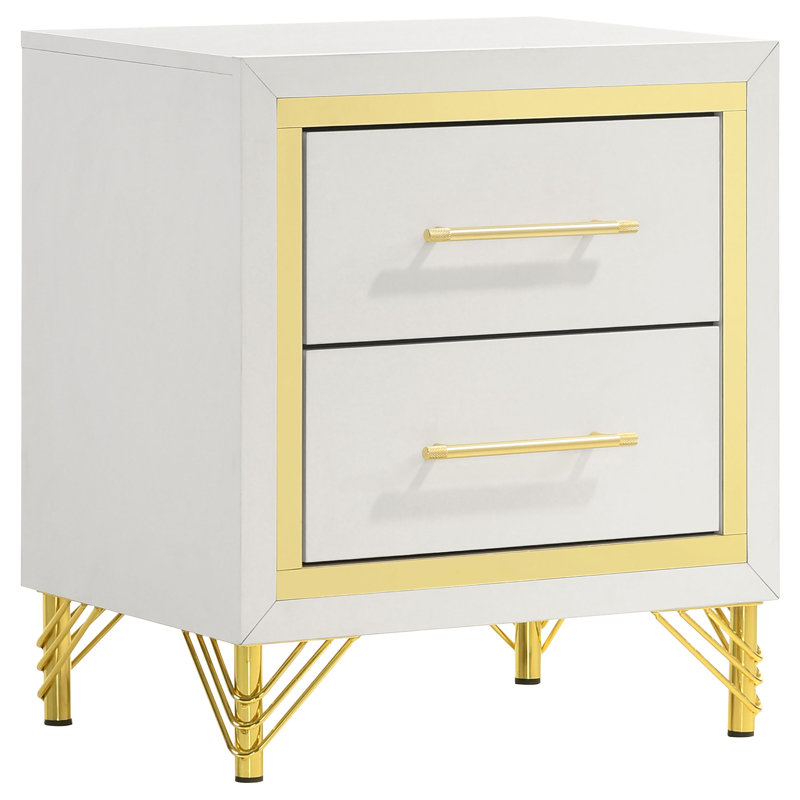 2 Drawers Wooden Nightstand With Metal Handles, White