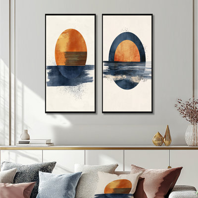 Ensemble de 2 pièces d'art géométrique bleu et orange lever de soleil symétrique I - formes abstraites