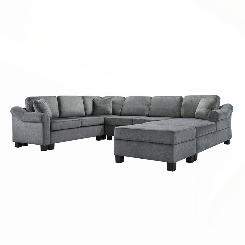 Canapé modulaire rembourré en U en chenille avec rangement et repose-pieds mobile, gris foncé, parfait pour les salons modernes