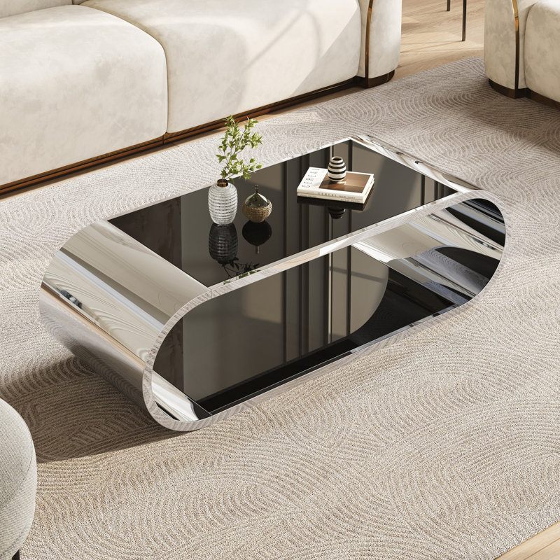 Table basse moderne, table basse à 2 niveaux avec plateau en verre