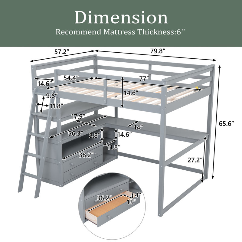 Lit mezzanine avec tiroirs Jameir Kids, Complète, Gris