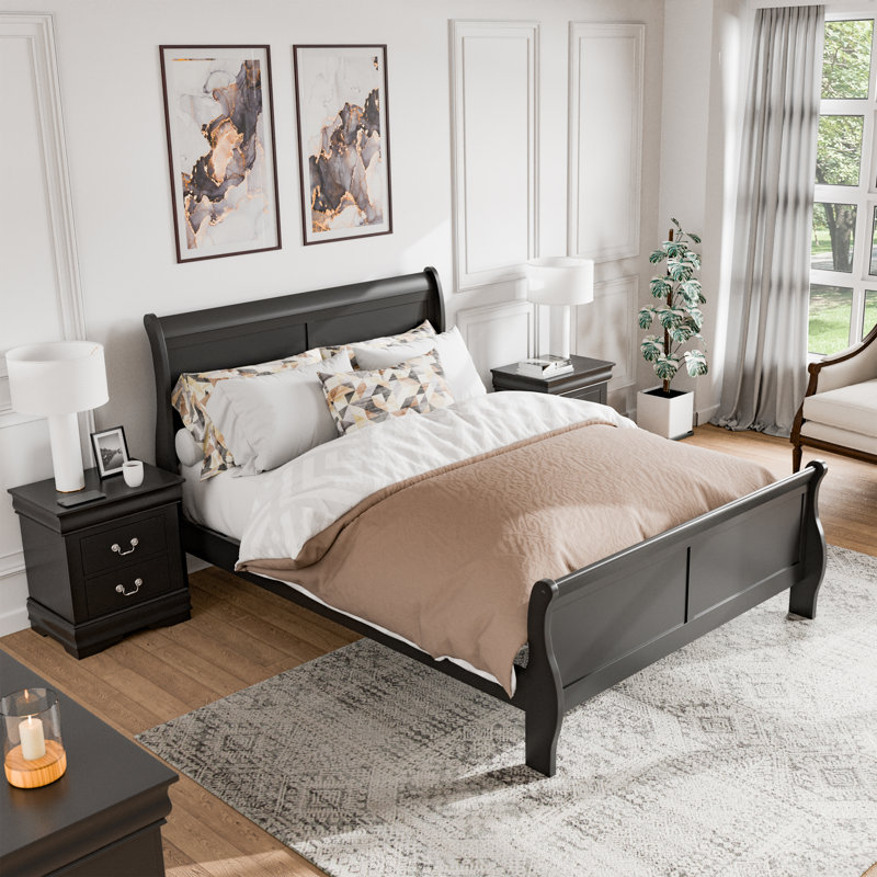 Ensemble de chambre à coucher Emelinda, Noir, Grand, Trois pièces : lit, 2 tables de chevet