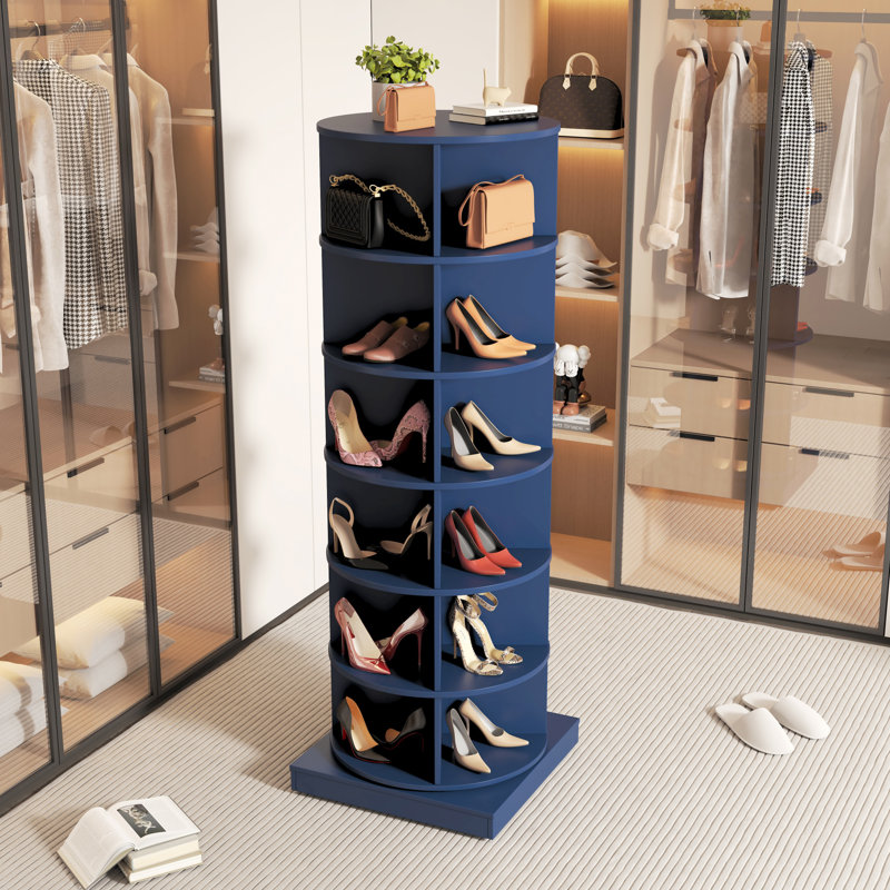 360 Rotating Shoe Cabinet With 7 Layers Can Accommodate Up To 28 Paris Shoes, Navy Blue, 65.01" H x 24" W x 24" D