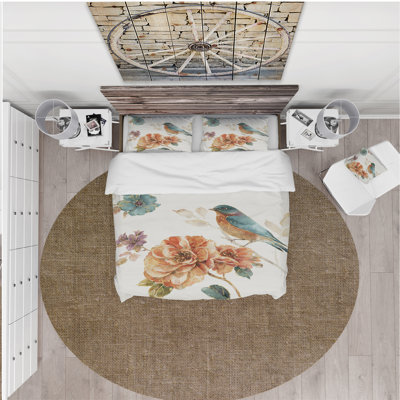 Oiseau de chalet sur fleur d'oranger - ensemble de housse de couette traditionnel - microfibre de polyester