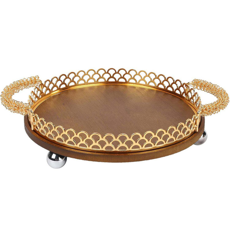 Round Decorative Wooden Tray With Metal Handles 9 In Fish Scale Decorative Serving Trays Bottom Plush Suitable For Any Table Decoration Multifunctional Circular Tray With Handle