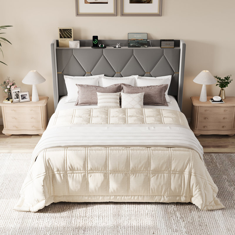 Lit tapissier moderne en velours capitonné avec station de charge et tablette de rangement, aucun sommier nécessaire, Gris