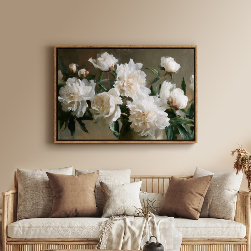Art mural sur toile encadrée - Bouquet de pivoines blanches luxuriantes avec feuilles vert chaud - 16 po x 24 po, 24 po x 36 po