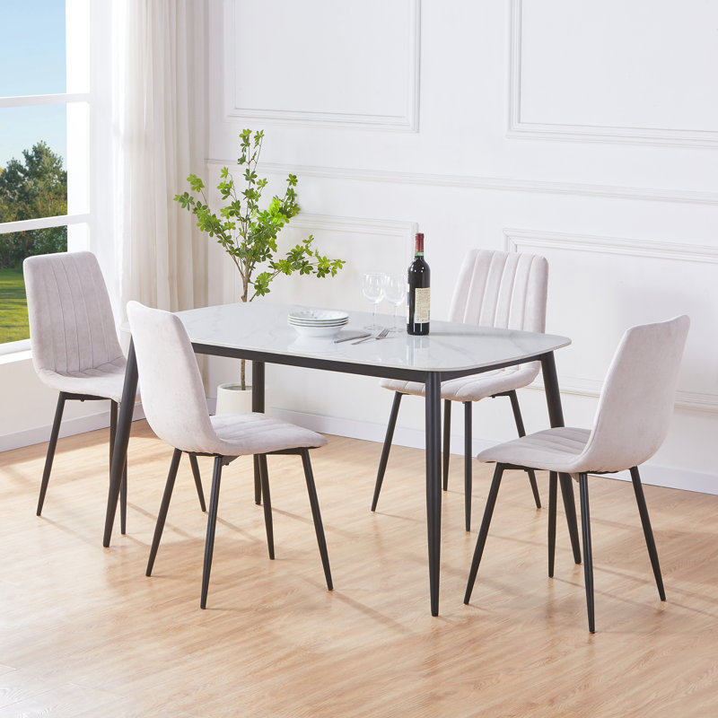  Aspen Sintered Stone Square Table with 2 Straight Stitch Upholstered Fabric Chairs - Modern Dining Set, Grey