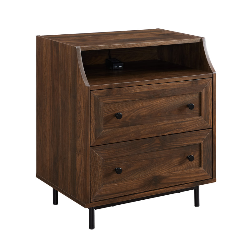Caidee 2-Drawer Nightstand with Dual USB Port, Dark walnut