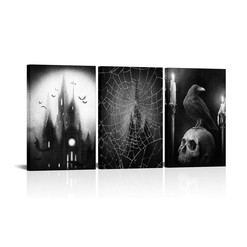Gothic Wall Art Skull Wall Decor Halloween Decor Painting Framed Canvas Artwork Black and White Gothic Room Decor (16"x24"x3 Pieces)