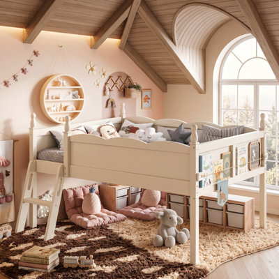 Lit mezzanine bas Kittredge pour enfants avec garde-corps de sécurité pleine longueur, bibliothèque intégrée et fabrication en bois massif pour un sommeil sécuritaire