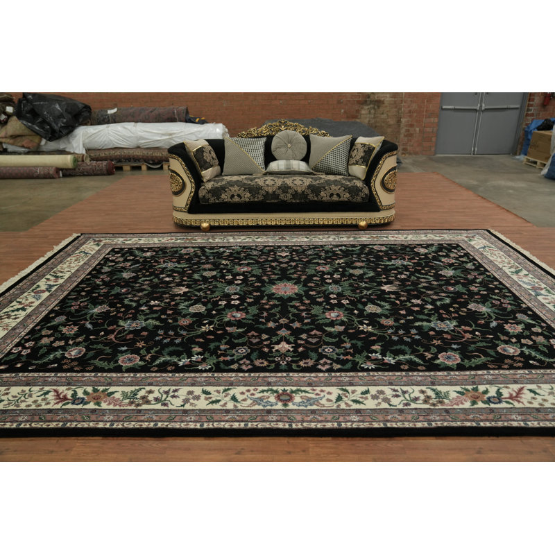 Tapis noir élégant exquis d'inspiration traditionnelle 10 x 14