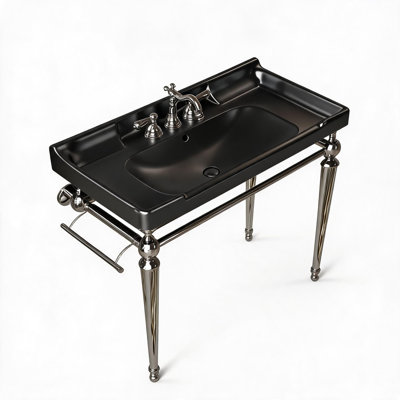 36 inch Black and Chrome Ceramic Wall Mounted Bathroom Console Sink with Three Pre-drilled Faucet Holes and Stainless Steel Support Legs with Towel Bar