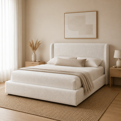 Jenny Boucle Upholstered Platform Bed with Wingback Headboard & Wooden Frame