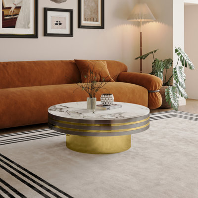 35" Round Coffee Table with Sintered Stone Top & Metal Ring Base - Modern Luxury Design by Everly Quinn