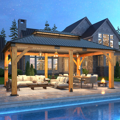 Pavillon de jardin d'extérieur en bois d'épinette avec toit en acier galvanisé