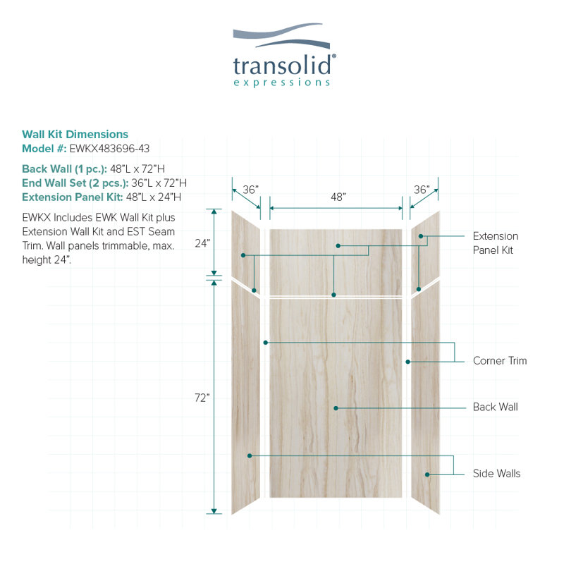 Expressions 6 Panel Shower Wall, Sorento, 72" H x 48" W x 36" D